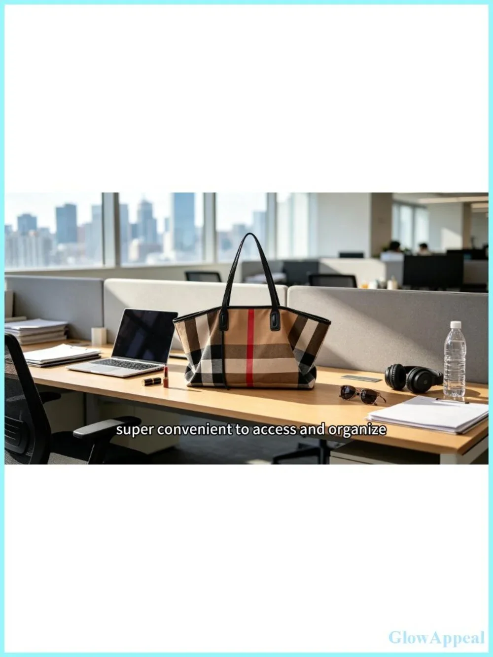 Large Checkered Canvas Work Tote with Faux Leather Handles, Zipper